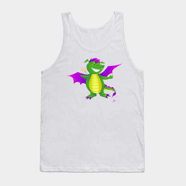 Happy dino dragon with a flower Tank Top by Anthropolog